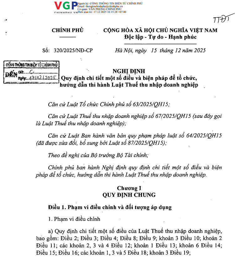Nghị định số 320/2025/NĐ-CP của Chính phủ: Quy định chi tiết một số điều và biện pháp để tổ chức, hướng dẫn thi hành Luật Thuế thu nhập doanh nghiệp