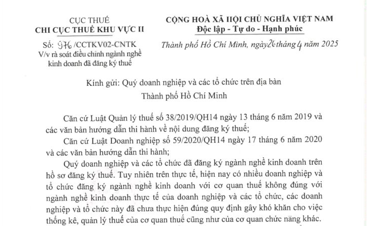 Công văn 976 rà soát điều chỉnh ngành nghề kinh doanh đã đăng ký thuế của Chi cục Thuế khu vực II