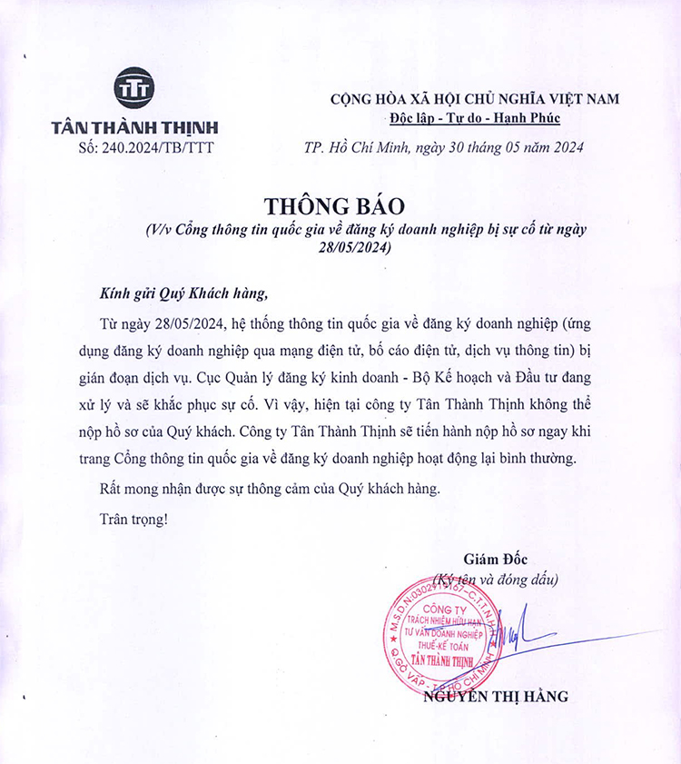Thông báo về sự cố cổng thông tin quốc gia về đăng ký doanh nghiệp