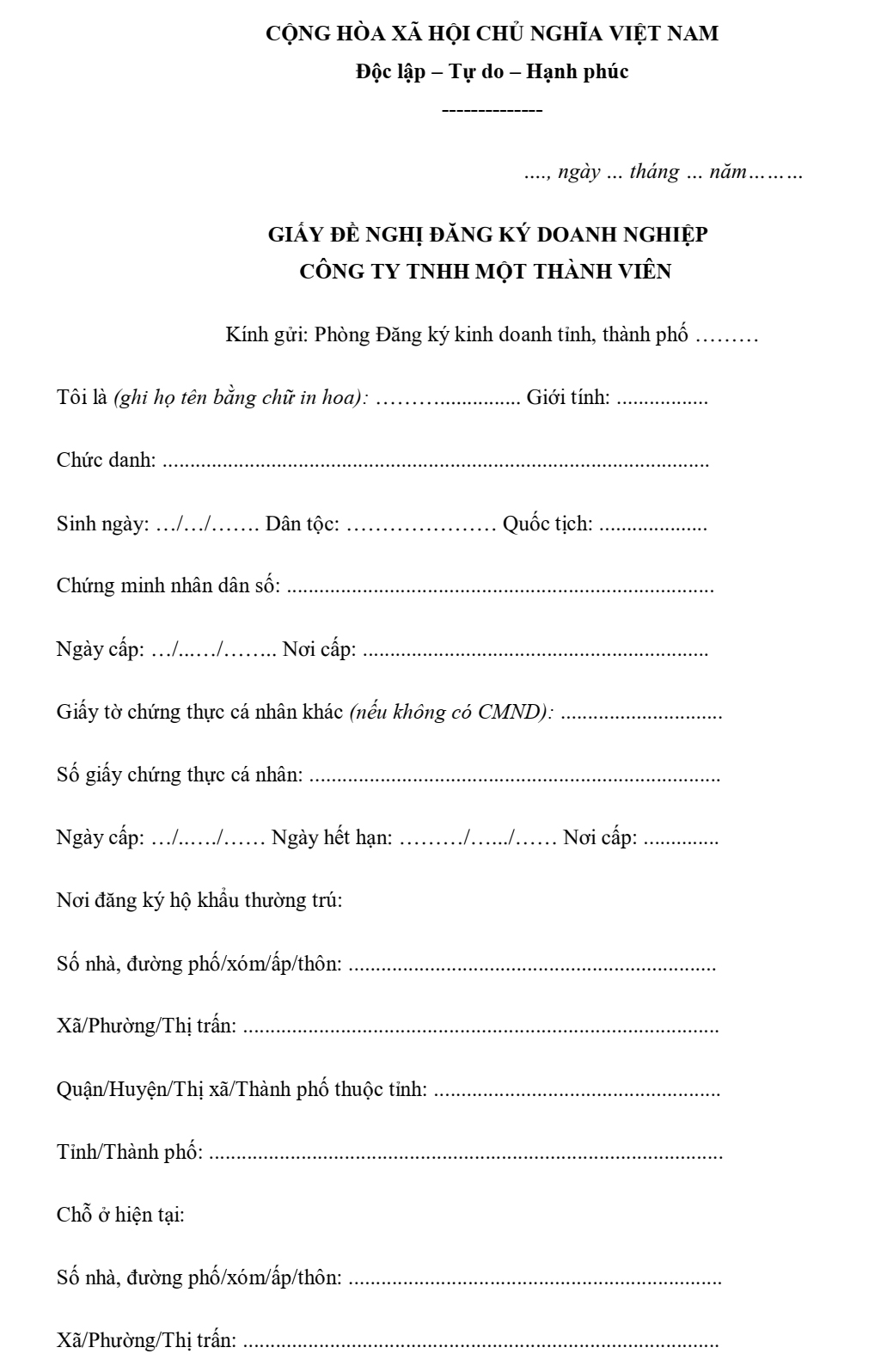 Mẫu giấy đăng ký thành lập công ty tnhhh 1 thành viên