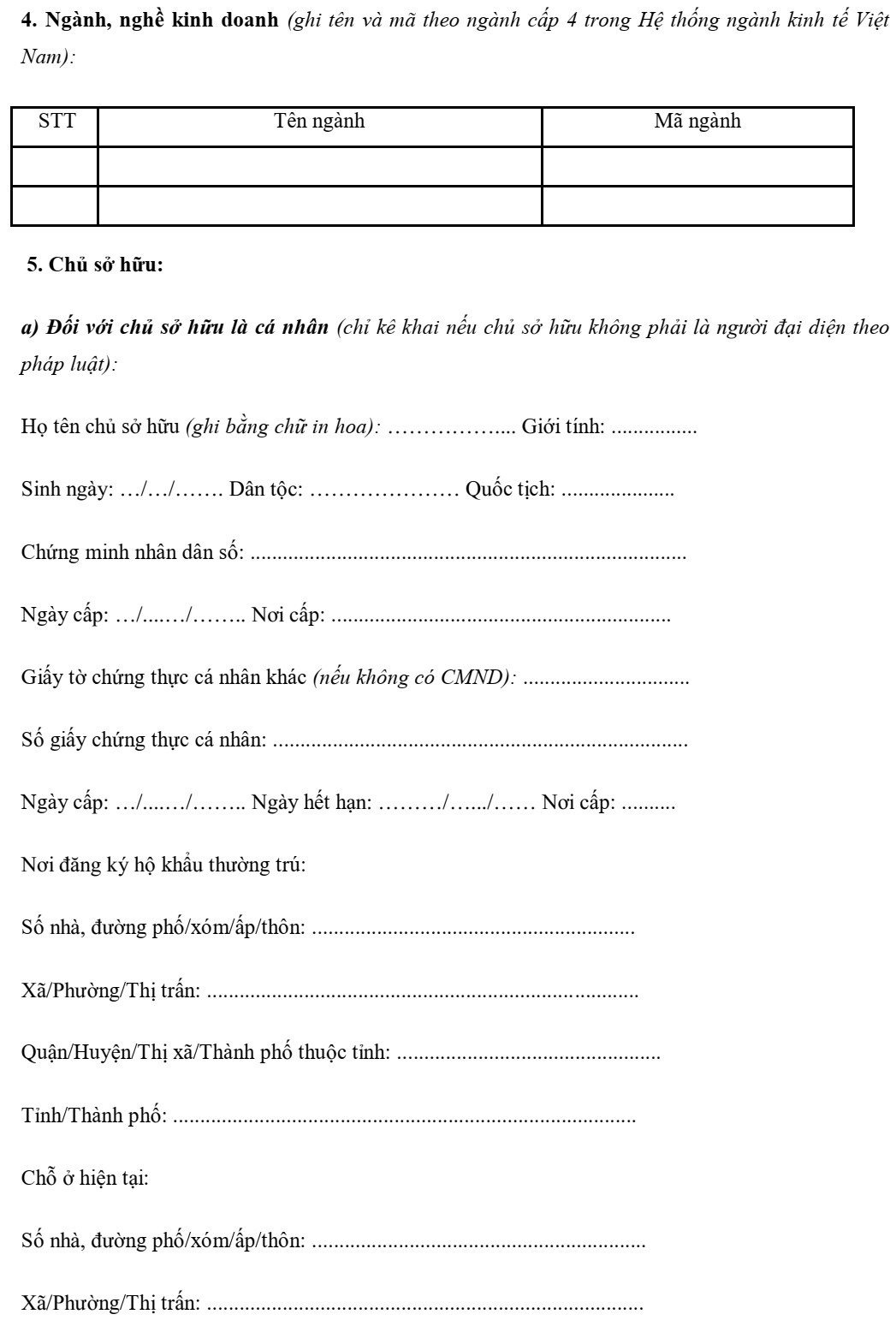 Mẫu giấy đăng ký thành lập công ty tnhhh 1 thành viên
